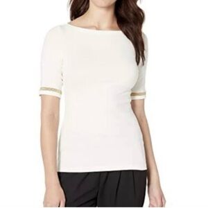 Lauren Ralph Lauren Boat Neck Top Cream Gold Trim Size L